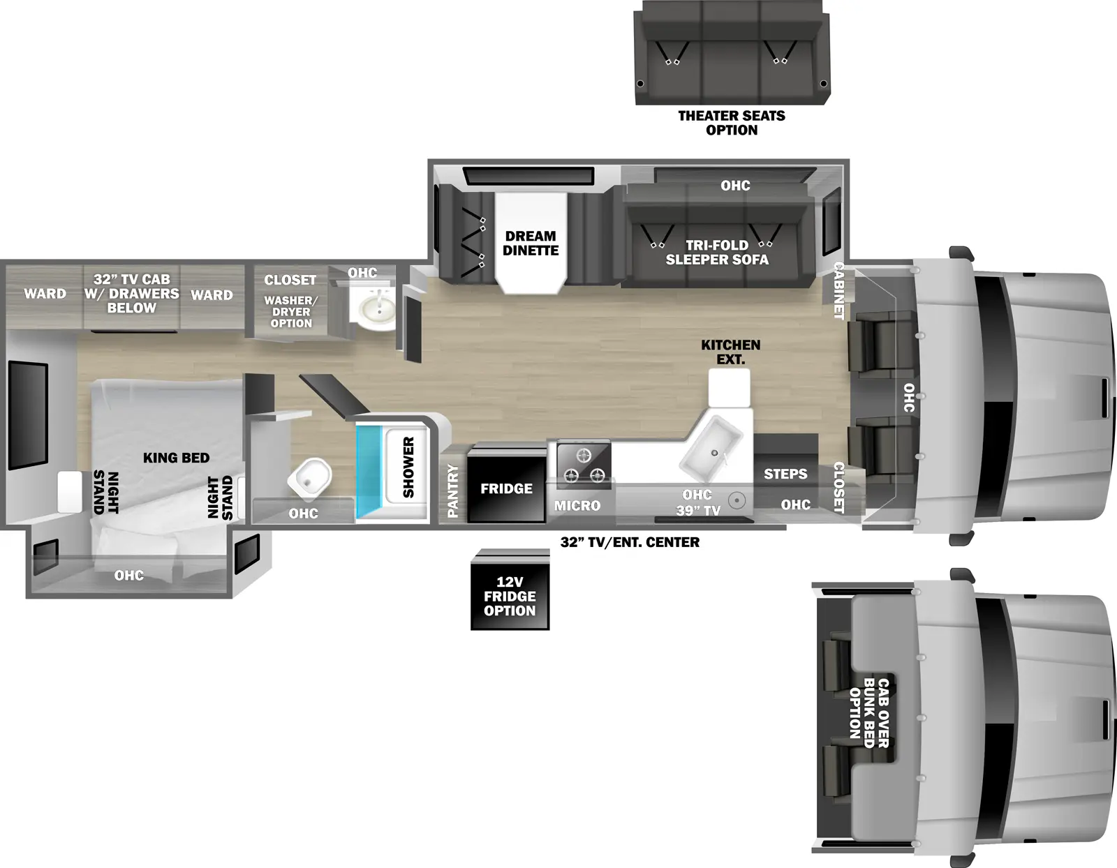 The 34KD has two slideouts and one entry. Exterior features include a TV/entertainment center. Interior layout front to back: cockpit with overhead cabinet (optional cab over bunk bed); off-door side cabinet, and slideout with tri-fold sleeper sofa (optional theater seating), overhead cabinet, and dream dinette; door side closet, entry, overhead cabinet, kitchen counter with extension, sink, TV, microwave, cooktop, refrigerator (optional 12V refrigerator), and pantry; pass through bathroom with toilet, shower and overhead cabinet on the door side and sink, overhead cabinet and closet with optional washer/dryer on the off-door side; rear bedroom with king bed, overhead cabinet and nightstands in a door side slideout, and wardrobes, drawers and TV cabinet with drawers below on off-door side.
